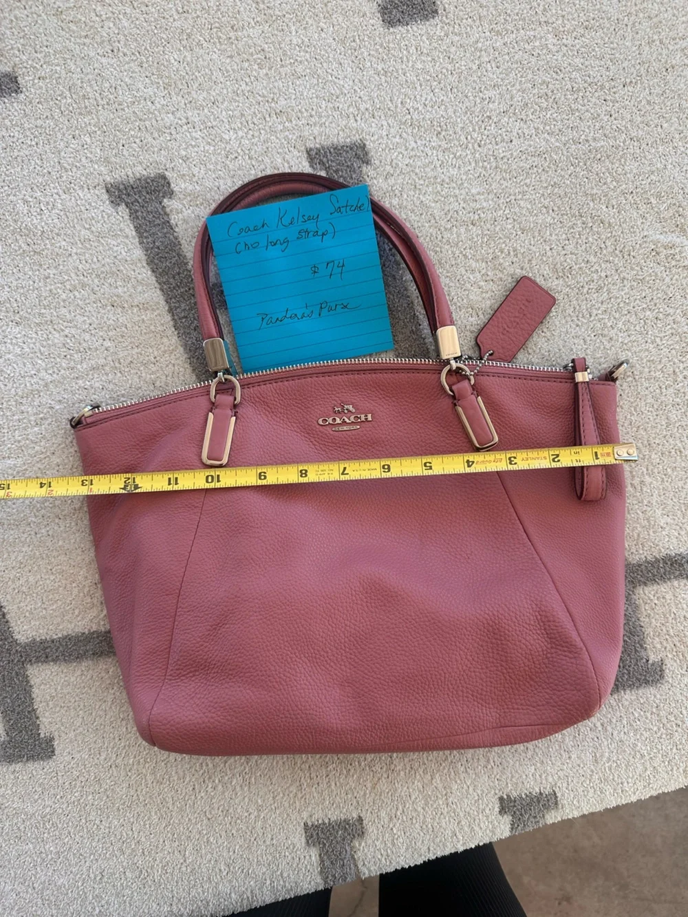 Coach Pebbled Leather Shoulder Tote in Dusty Rose Pink